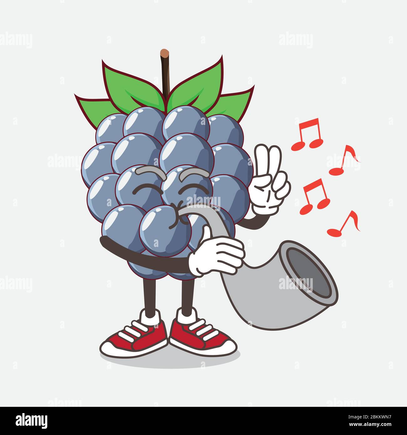 Une illustration de la mascotte de dessin animé de fruits de Dewberries joue de la musique avec la trompette Illustration de Vecteur