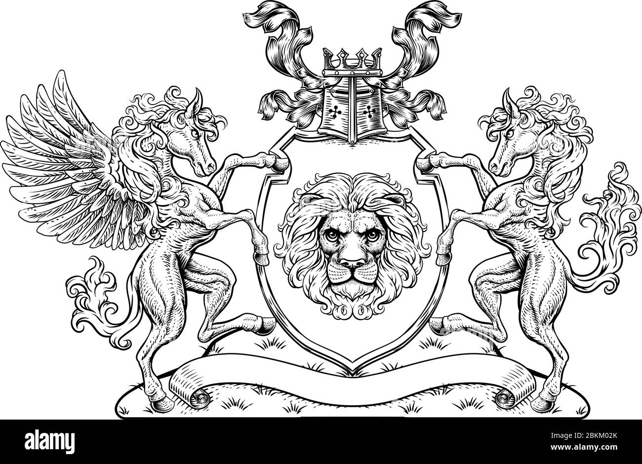 Crest Pegasus Horse Coat of Arms Lion Shield Seal Illustration de Vecteur
