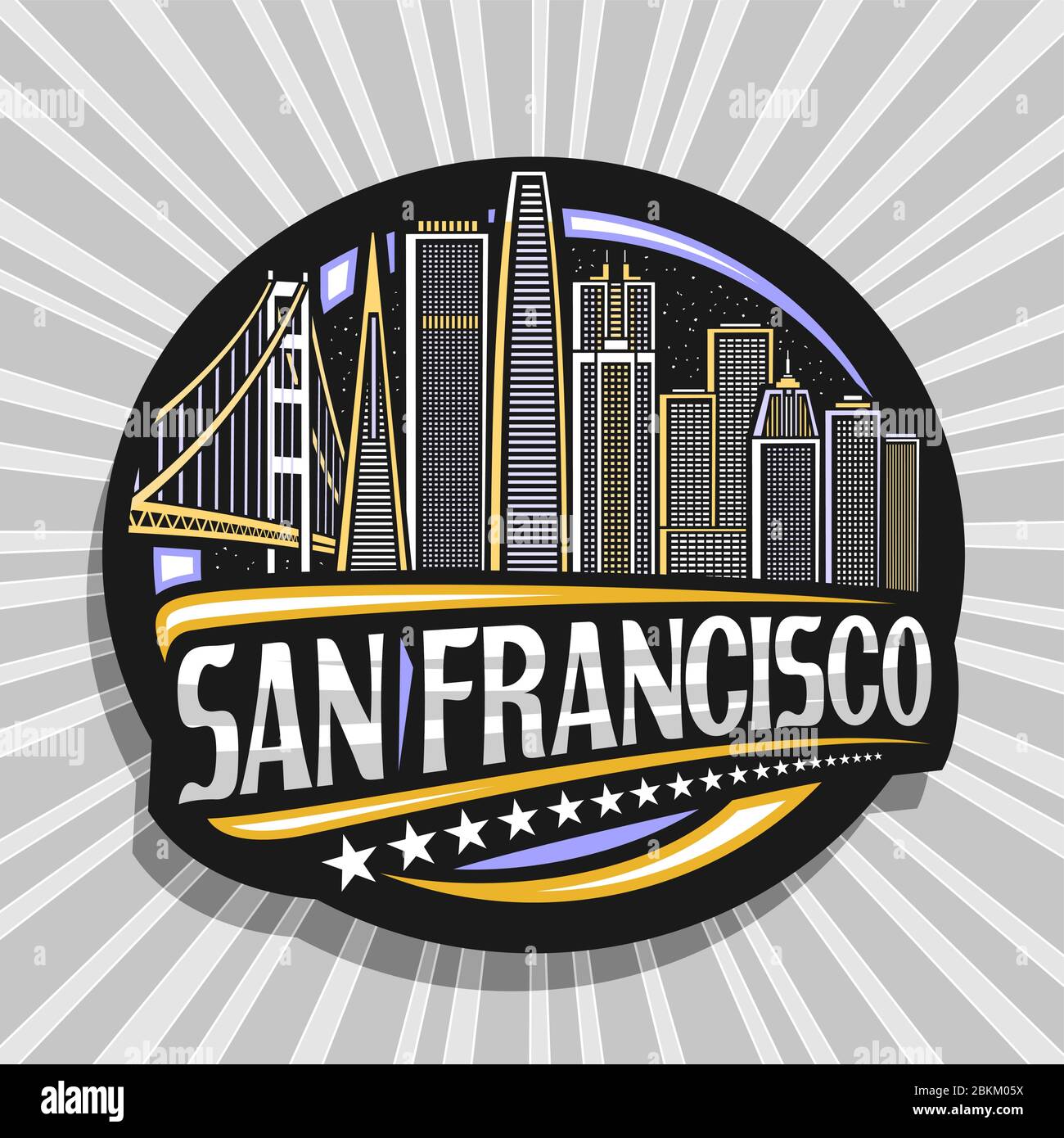 Logo vectoriel pour San Francisco, écusson noir décoratif circulaire avec illustration de la ville de san francisco sur fond ciel, réfrigérateur touristique magn Illustration de Vecteur