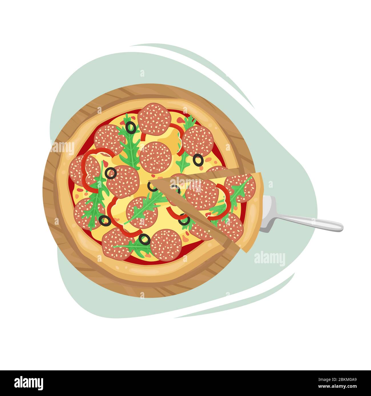 Pizza avec salami, olives et fromage. Vue du haut. Illustration vectorielle. Illustration de Vecteur