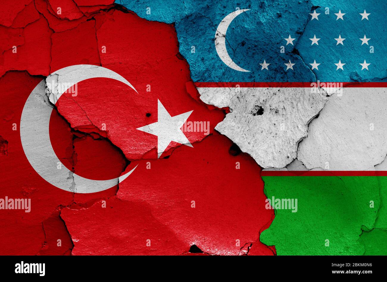 Drapeaux de la Turquie et de l'Ouzbékistan peints sur un mur fissuré Banque D'Images