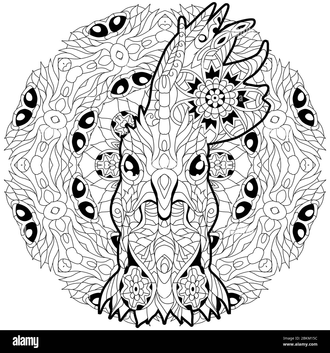 Tête de rooster Zentangle avec mandala. Illustration vectorielle décorative dessinée à la main pour la coloration Illustration de Vecteur