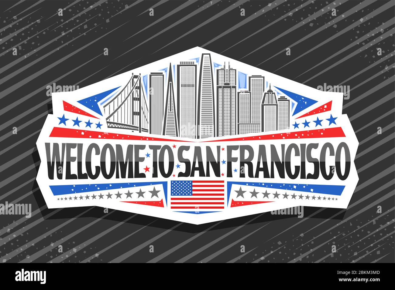 Logo vectoriel pour San Francisco, autocollant décoratif blanc avec illustration de san francisco paysage urbain sur fond ciel de jour, aimant de réfrigérateur avec unique Illustration de Vecteur