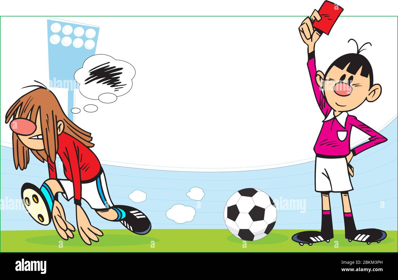 Illustration vectorielle avec joueurs et arbitre sur le terrain de football, sur le fond du stade. Illustration réalisée dans un style de dessin animé. Illustration de Vecteur