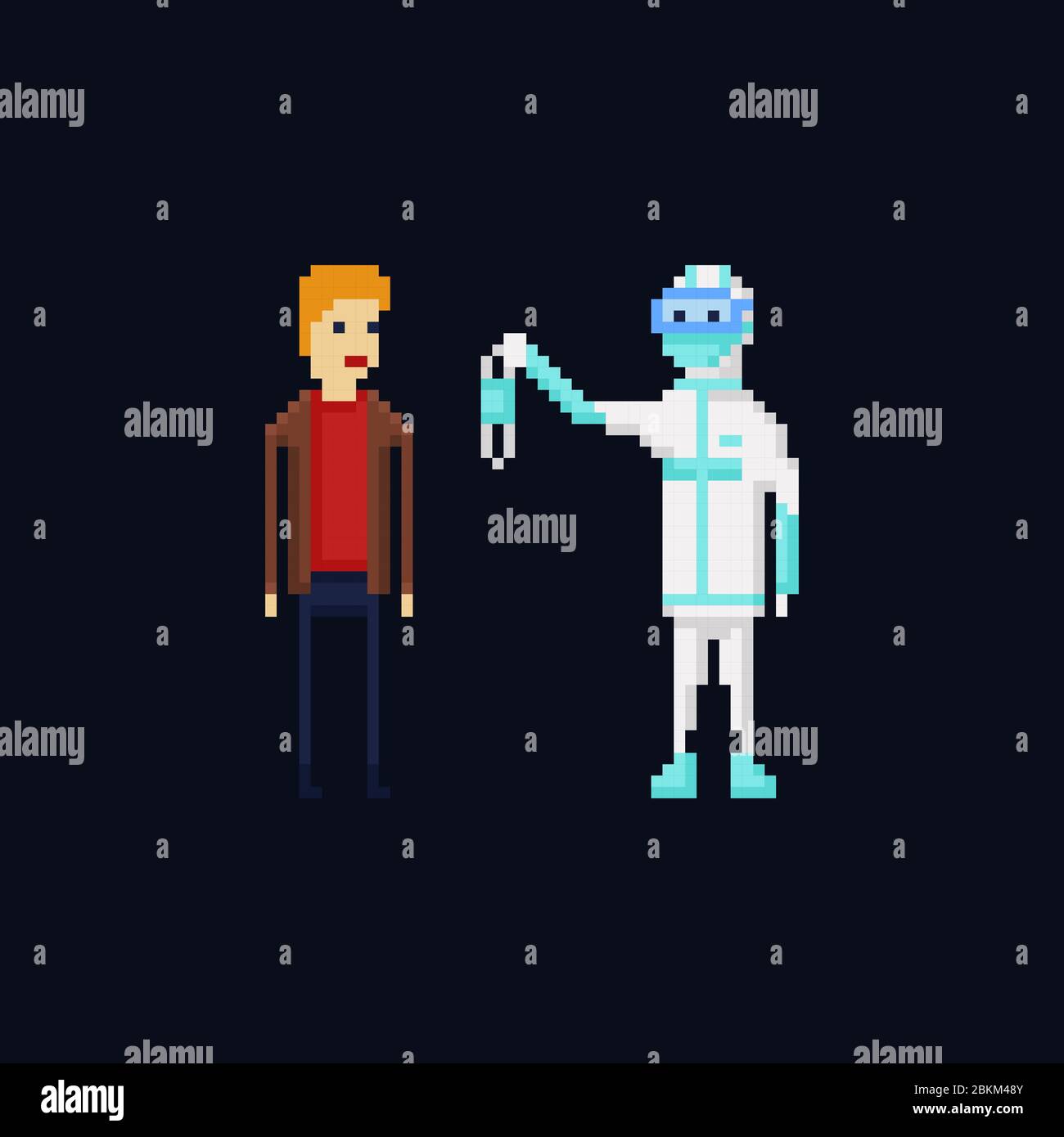 Illustration vectorielle pixel art d'un médaillé portant un costume de protection offrant un masque médical stérile jetable à un homme, protection contre le coronavirus. 8 Illustration de Vecteur