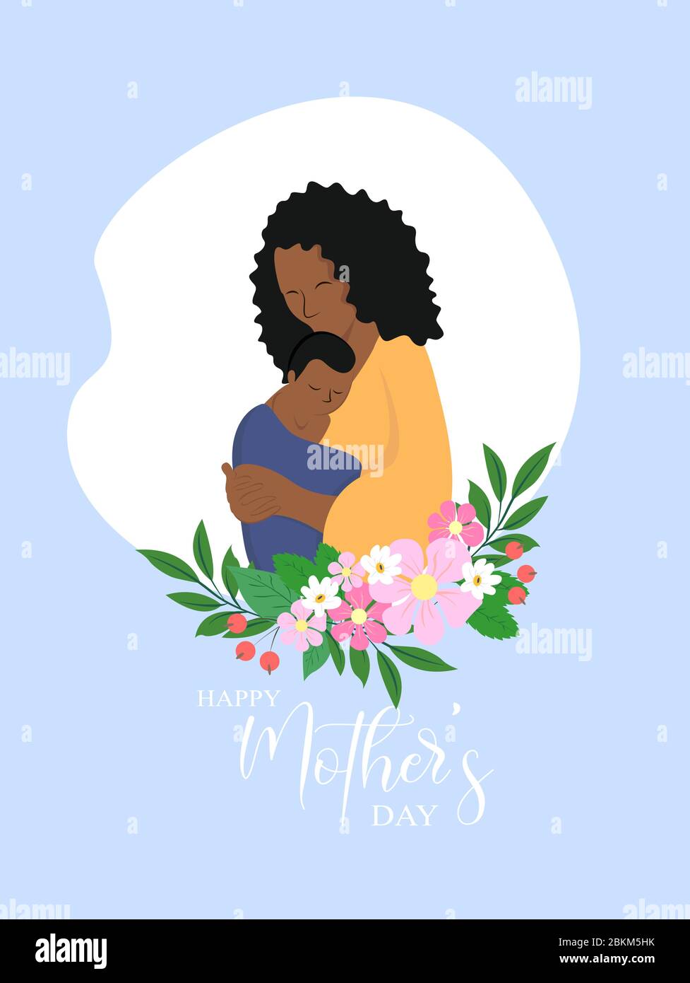 Femme africaine portant son fils à l'arrière. Illustration vectorielle « Happy Mothers Day ». Mères et fils africains avec fleurs. Illustration de Vecteur