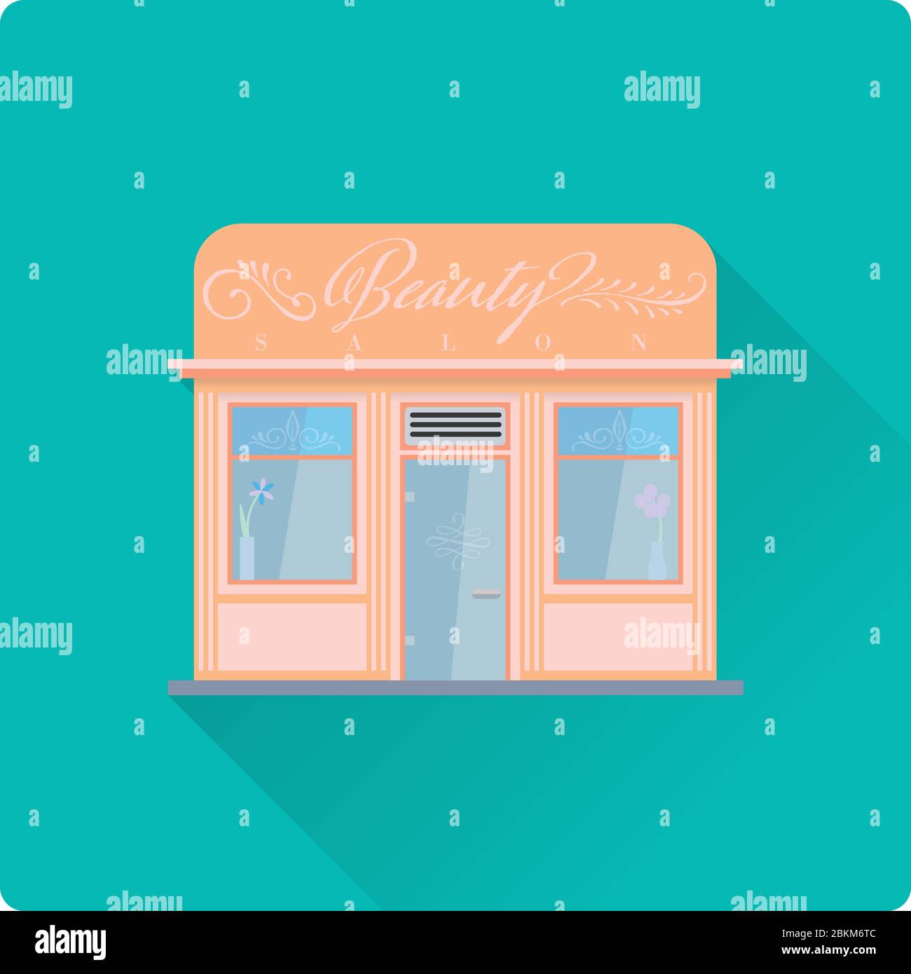Illustration vectorielle de bâtiment de salon de beauté à motif plat et à grandes ombres. Façade spa de jour. Illustration de Vecteur