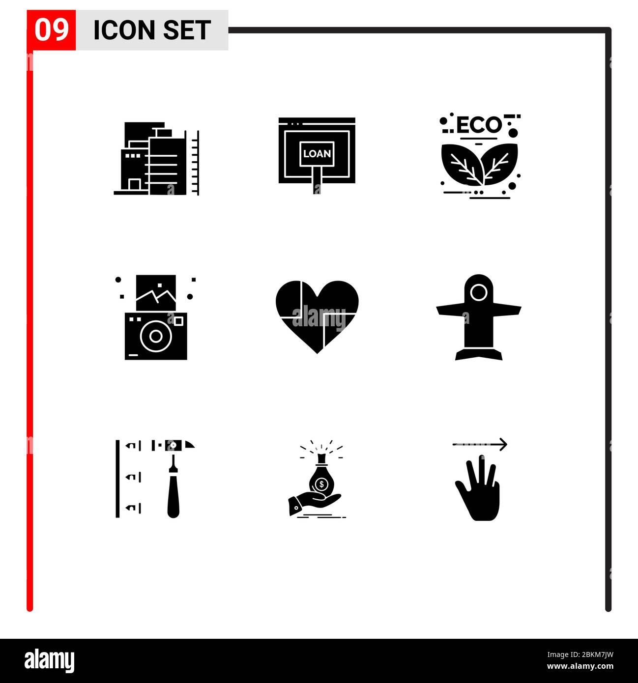 Groupe de 9 symboles et signes de glyphes solides pour le cœur, normal, en ligne, caméra, éléments de conception vectoriels modifiables verts Illustration de Vecteur