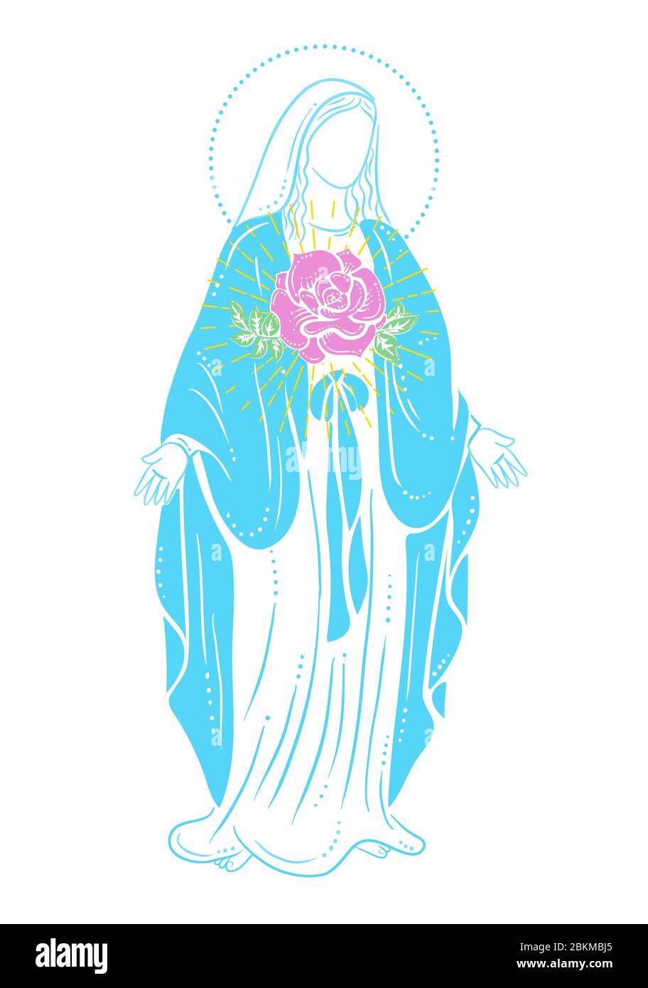 Concept de la Sainte Vierge Marie avec une rose comme symbole de l'amour et de la tendresse, du soin et de la bénédiction. Icône en style linéaire. Illustration de Vecteur