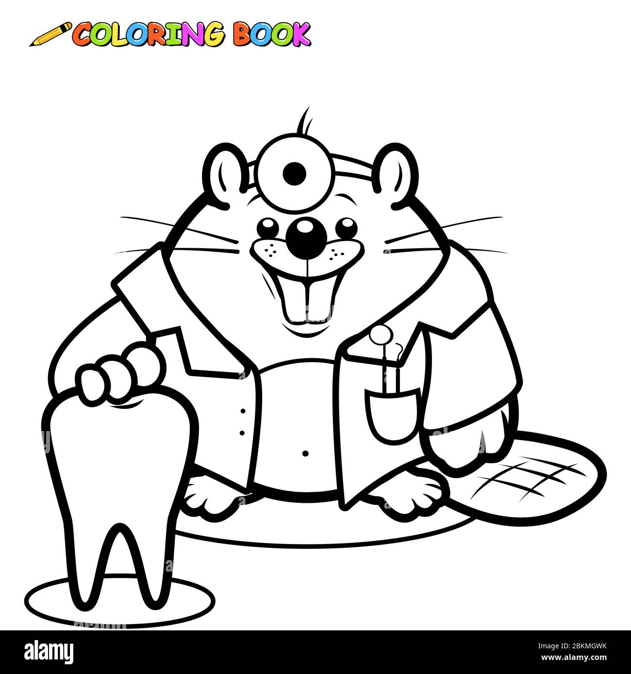 Médecin dentiste de castor de dessin animé souriant et tenant une dent saine. Dentiste de castor de dessin animé avec des dents propres. Βlack et coloriage blanc Banque D'Images