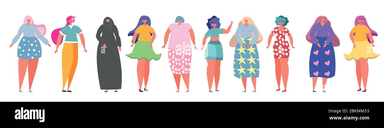 Ensemble de femmes diverses, puissance des filles, féminisme. Tiré à la main. Conception plate. Concept, élément pour carte de jour pour femme, Illustration de Vecteur