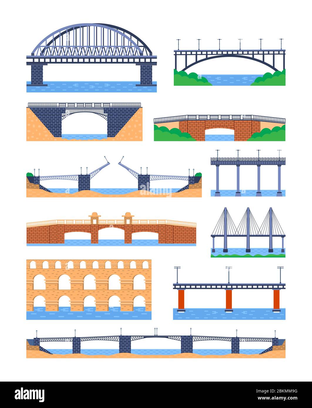 Ensemble de ponts métalliques et en pierre vecteur. Élément d'architecture de la ville et construction de ponts sur la rivière avec chaussée isolée et lanternes Illustration de Vecteur