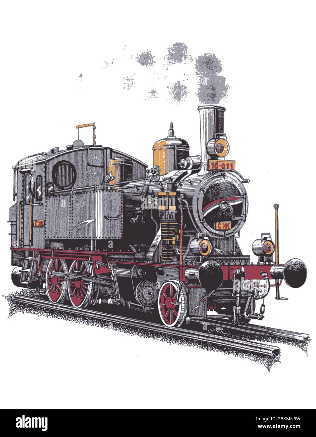 Ancienne locomotive à vapeur, sur rails ferroviaires, dessinée en trois couleurs noir, rouge et ocre Illustration de Vecteur