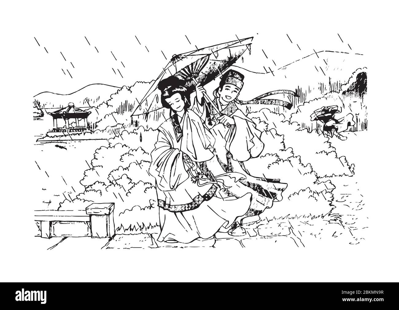 Homme et femme sous parapluie dans un environnement naturel Illustration de Vecteur