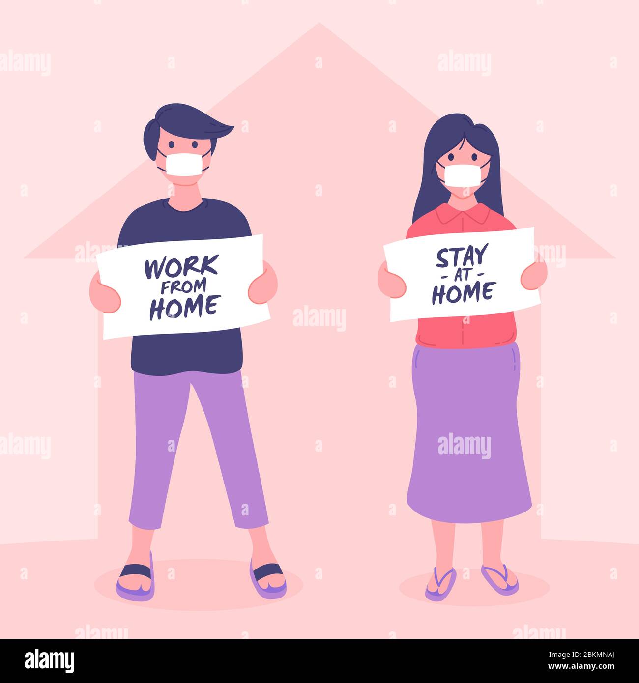 Restez à la maison campagne de sensibilisation sur les médias sociaux et prévention du coronavirus. Campagne pour rester à la maison et travailler de la maison. Les personnes portant un masque facial Illustration de Vecteur