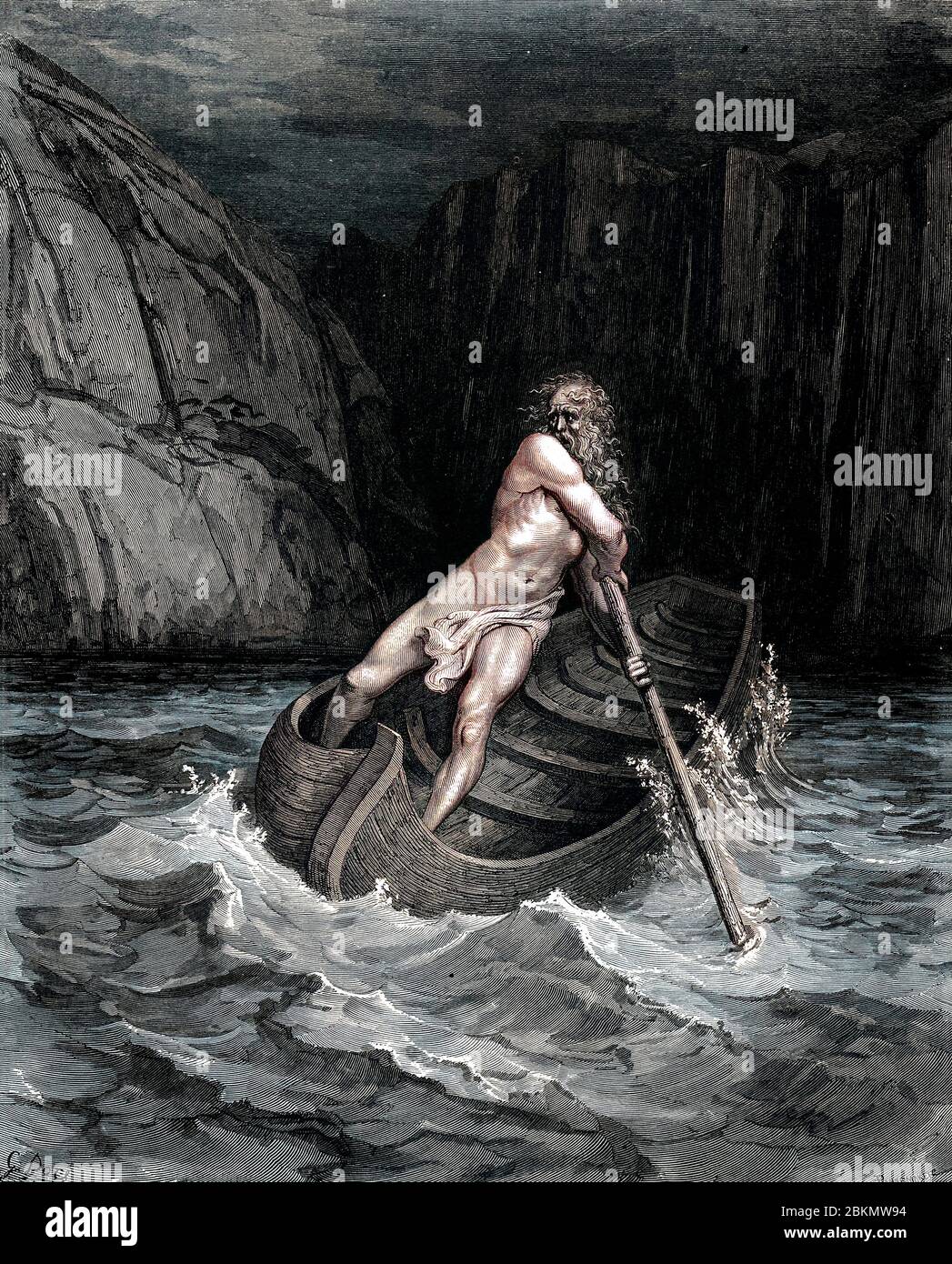 Machine colorisée avec l'intelligence artificielle (ai) Charon le Ferryman traversant la rivière Achero de la Divine Comédie par le poète italien du XIVe siècle Dante Alighieri. 1860 œuvres d'art, de l'artiste français Gustave Dore et gravées par Stéphane Pannemaker, de 'la Vision de l'Enfer' (1868), traduction anglaise de Cary de l'Inferno. Dante a écrit son poème épique "Divina Commedia" (la Divine Comedy) entre 1308 et sa mort en 1321. Composé de 14 233 lignes, et divisé en trois parties (Inferno, Purgatorio et Paradiso), il est considéré comme la plus grande œuvre littéraire en langue italienne et dans un monde m Banque D'Images