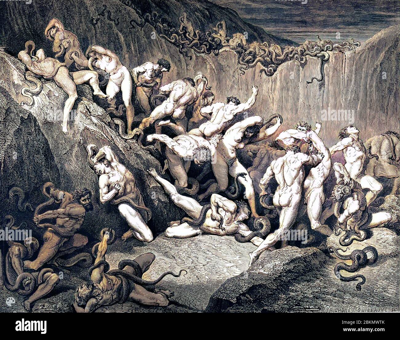 Machine colorisée avec l'intelligence artificielle (IA) de la Divine Comédie par le poète italien Dante Alighieri du XIVe siècle. 1860 œuvres d'art, de l'artiste français Gustave Dore et gravées par Stéphane Pannemaker, de 'la Vision de l'Enfer' (1868), traduction anglaise de Cary de l'Inferno. Dante a écrit son poème épique "Divina Commedia" (la Divine Comedy) entre 1308 et sa mort en 1321. Composé de 14 233 lignes, et divisé en trois parties (Inferno, Purgatorio et Paradiso), il est considéré comme la plus grande œuvre littéraire en langue italienne et un chef-d'œuvre mondial. C'est une enquête complète de moi Banque D'Images