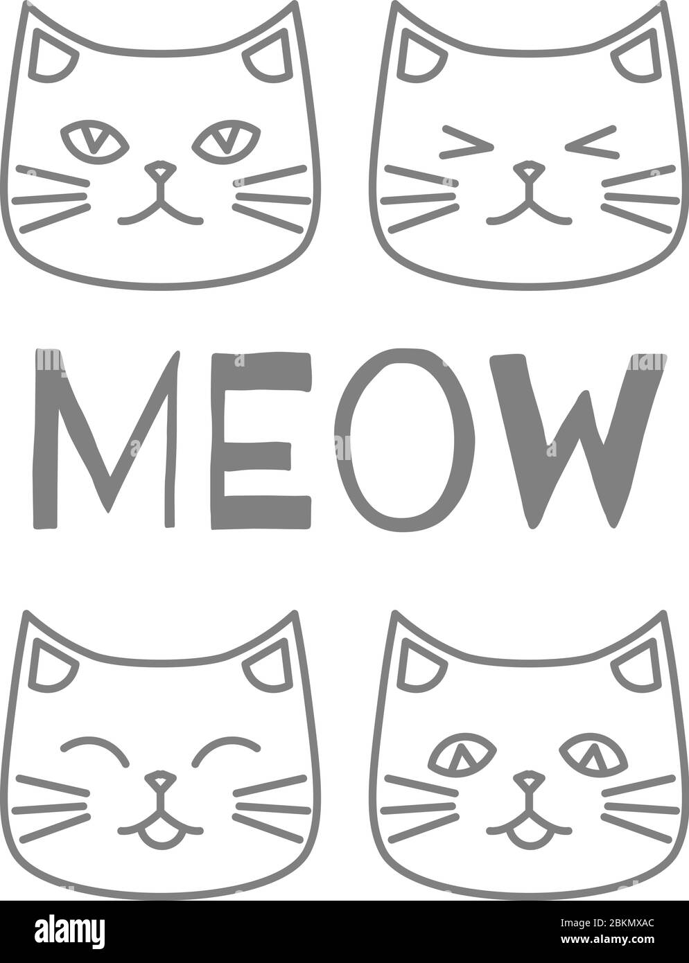 Quatre icônes grises minimales avec de jolies faces de chat et de texte Illustration de Vecteur