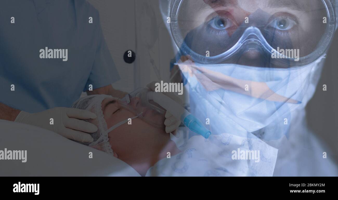Illustration numérique d'un médecin portant un masque facial un patient allongé dans un lit d'hôpital Banque D'Images