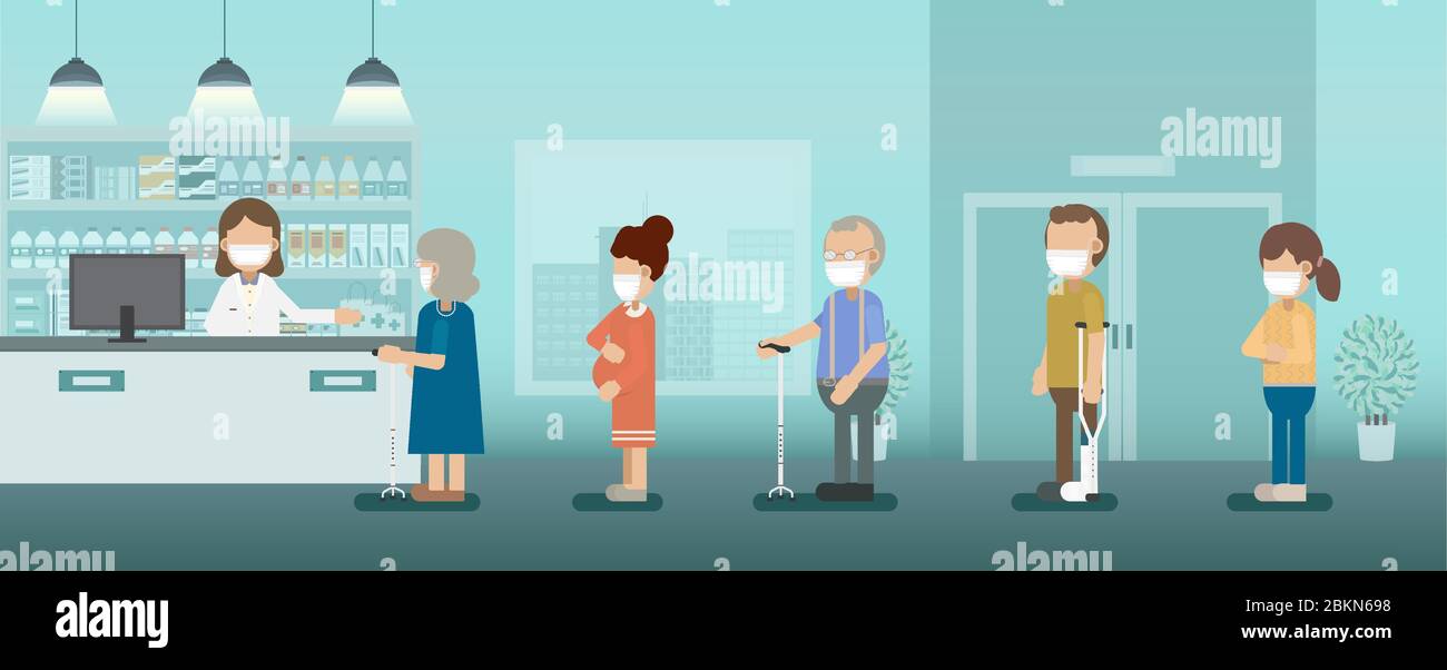 Pharmacie avec pharmacien et clients dans une illustration vectorielle de rangée Illustration de Vecteur