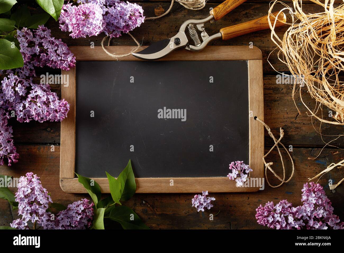 Le printemps est encore vivace avec des fleurs de lilas, des sécateurs et un rouleau de raphia surpassant une ardoise scolaire avec un espace de copie vierge vu de la tête Banque D'Images