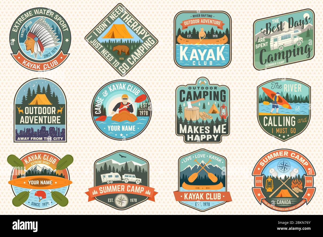 Ensemble de camps d'été, de badges de clubs de canoë et de kayak. Vecteur. Concept de patch, tampon. Design rétro avec camping, montagne, rivière, indien américain et kay Illustration de Vecteur