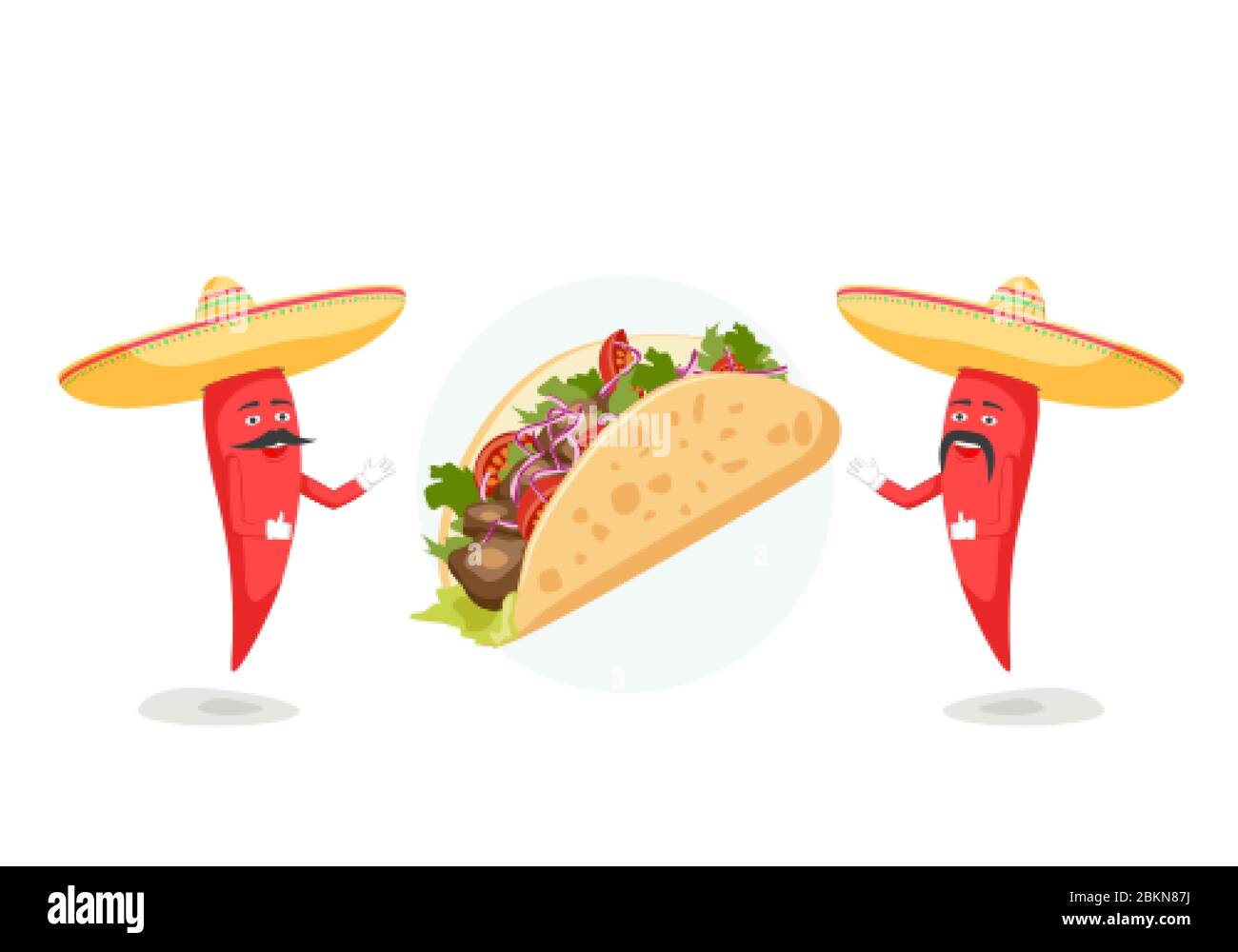 Publicité traditionnelle dans les restaurants mexicains. Deux personnages de piment avec moustache en sombrero et taco. Vecteur Illustration de Vecteur