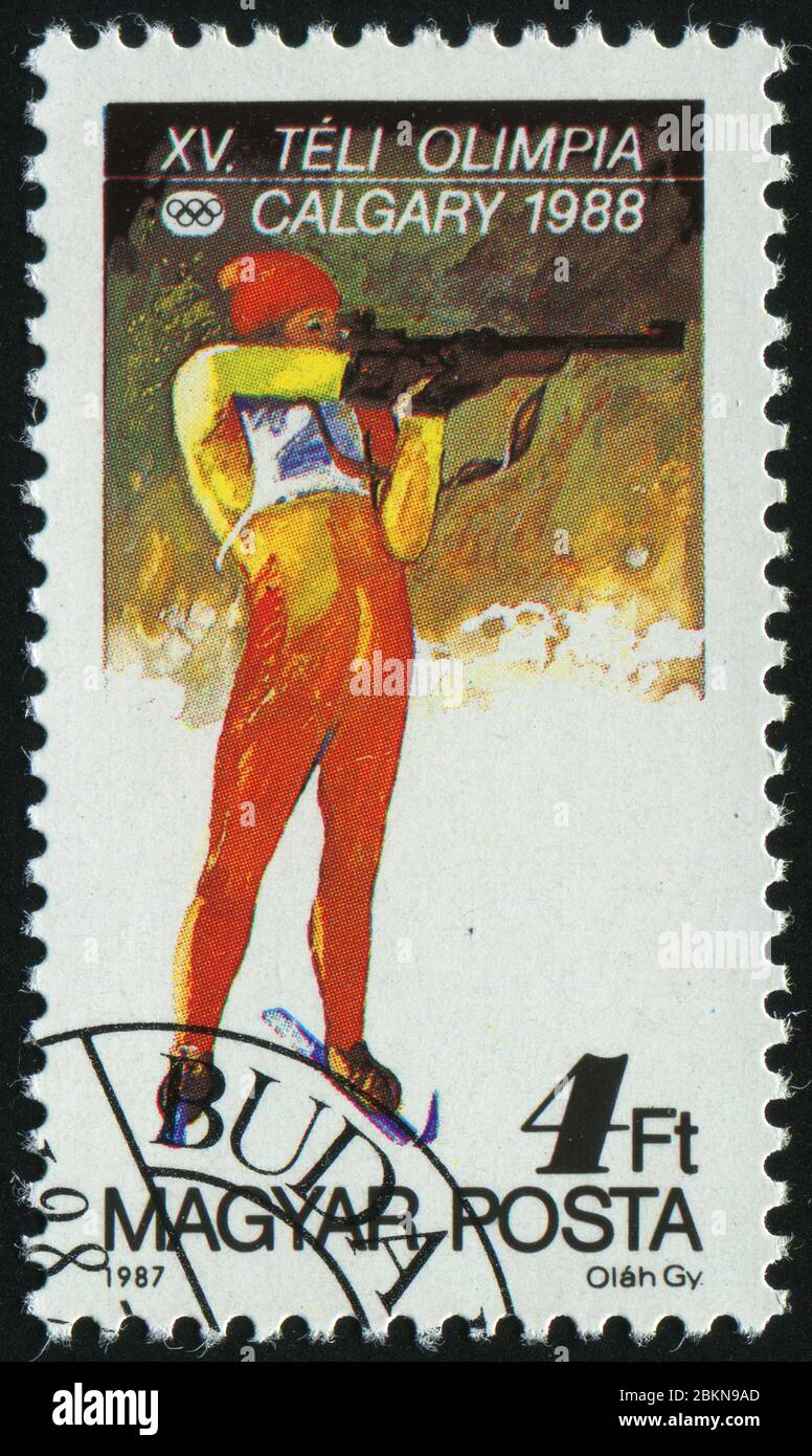 HONGRIE - VERS 1987 : Jeux olympiques d'hiver de 1988 Calgary, vers 1987. Banque D'Images