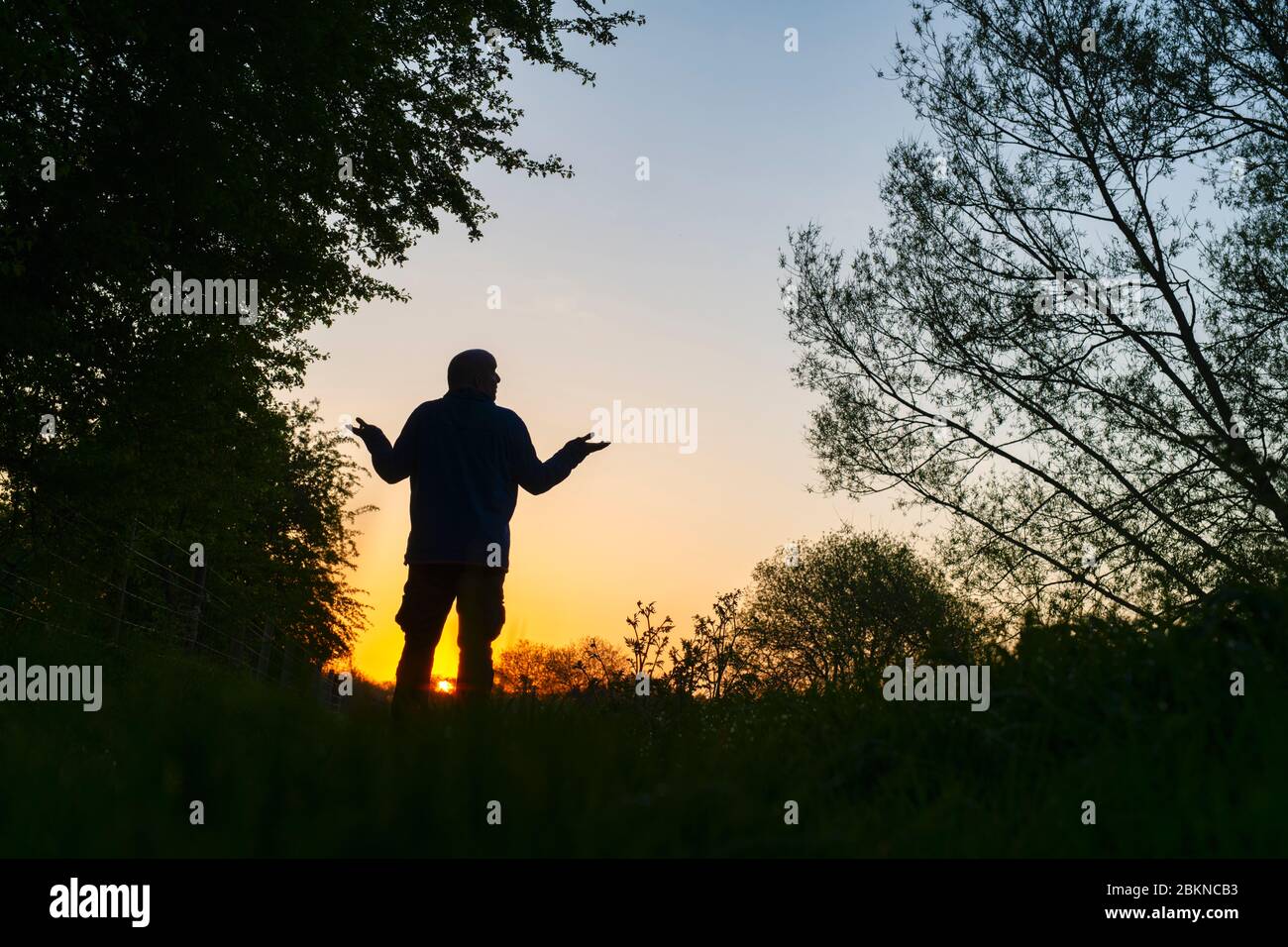 Homme avec ses bras levé marchant le long d'un chemin de halage à côté du canal d'oxford au lever du soleil. Oxfordshire, Angleterre. Silhouette Banque D'Images