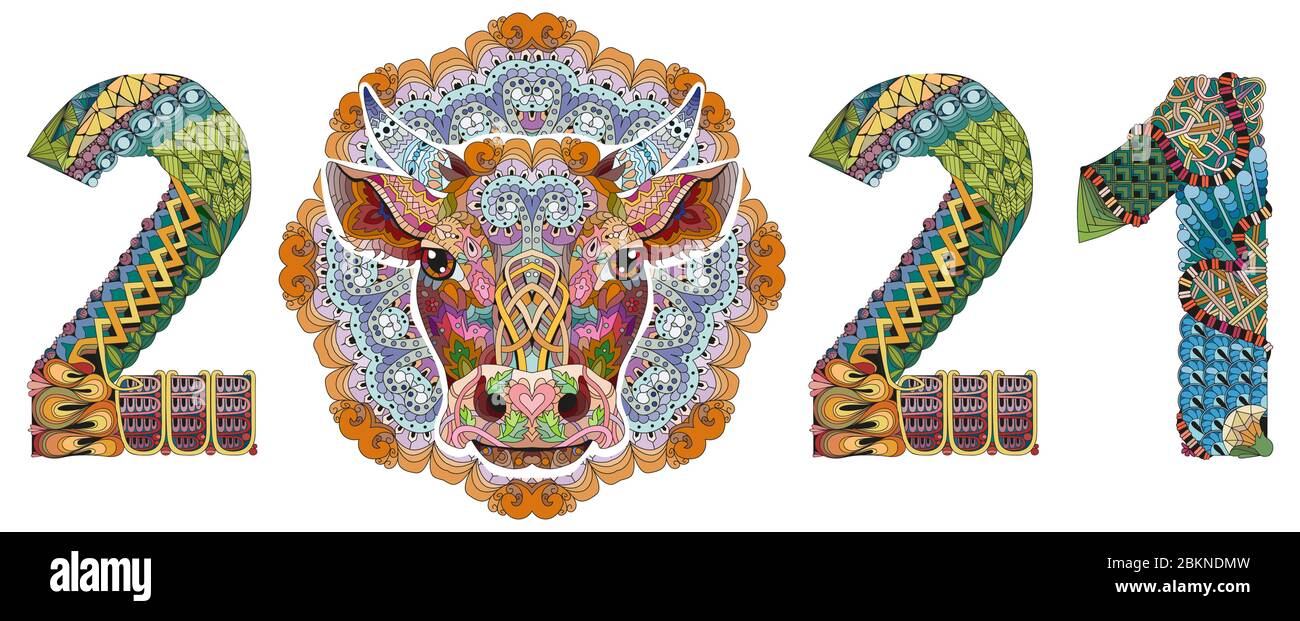 Zentangle stylisé numéro 2021 avec mandala et tête de taureau. Illustration vectorielle de dentelle dessinée à la main Illustration de Vecteur