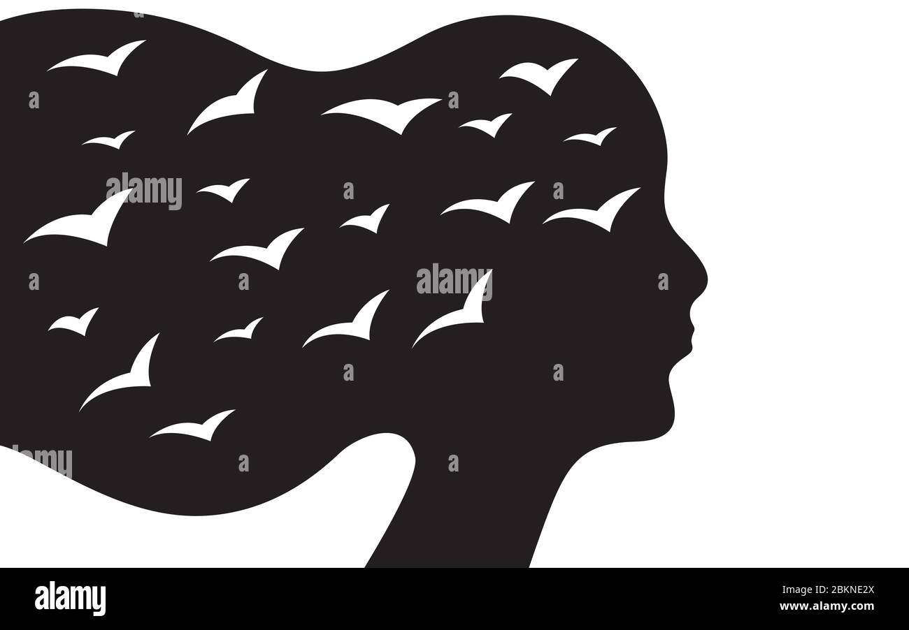 Femme déprimée, oiseaux volant hors de sa tête, profil de la fille avec les cheveux volant dans le vent, illustration vectorielle Illustration de Vecteur