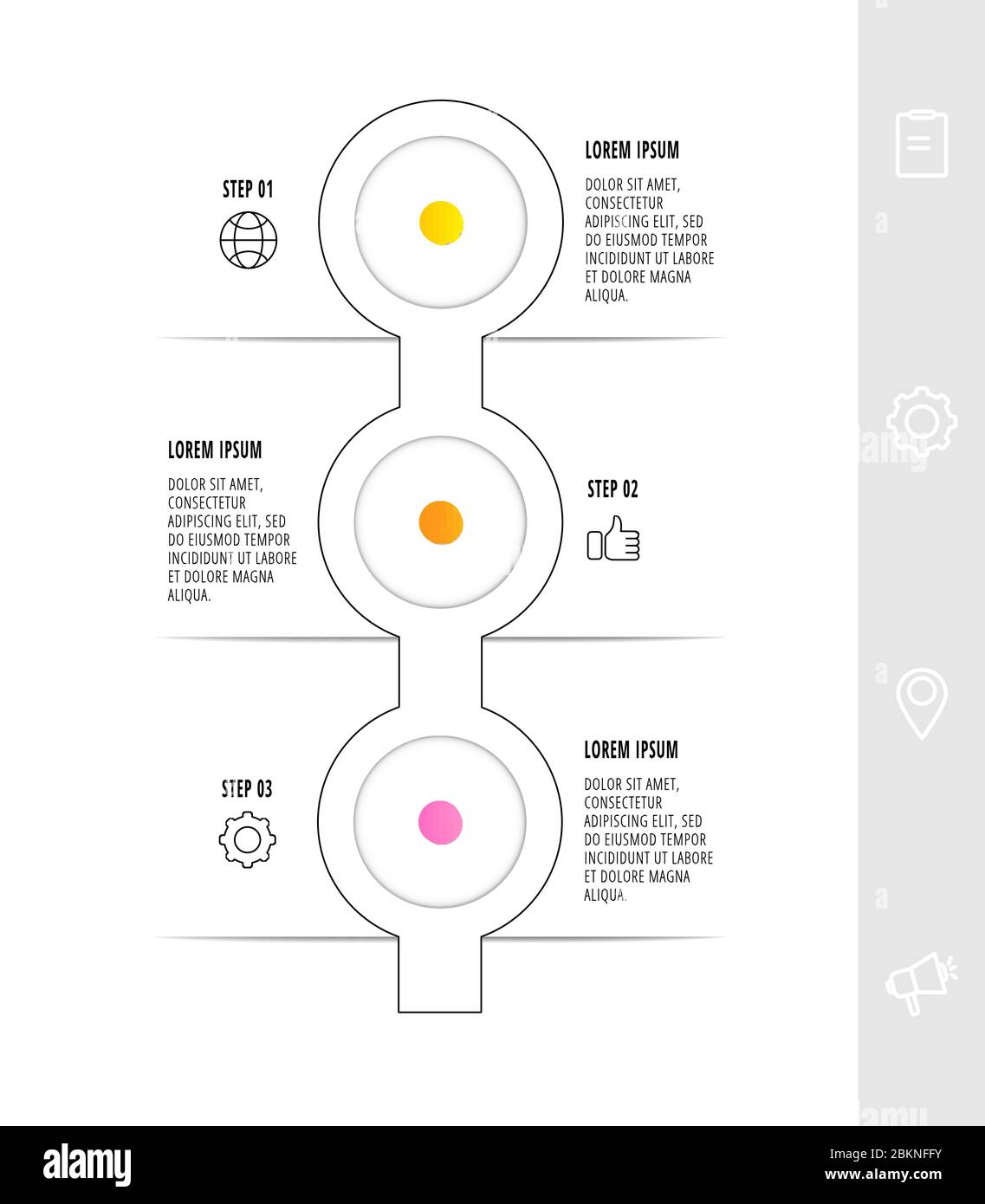 Circulaire infographique avec 3 étapes, pièces, icônes. Modèle vectoriel plat. Peut être utilisé pour les diagrammes, les entreprises, le Web, les bannières, la mise en page du flux de travail, les présentations Illustration de Vecteur