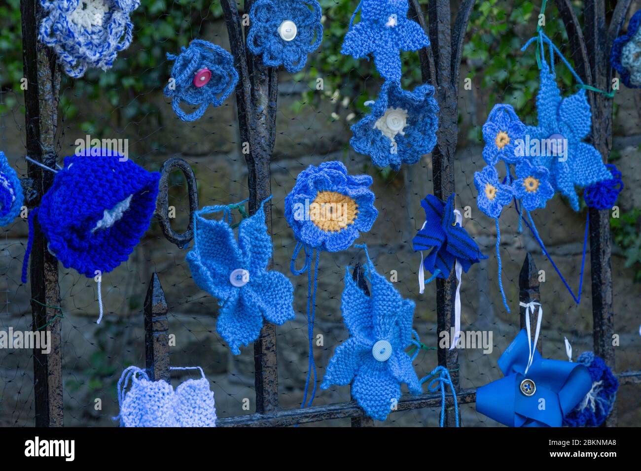 Une porte d'église à Baildon, dans le Yorkshire décorée de fleurs en tricot bleu et crochetées à l'appui du NHS pendant la pandémie du coronavirus. Banque D'Images
