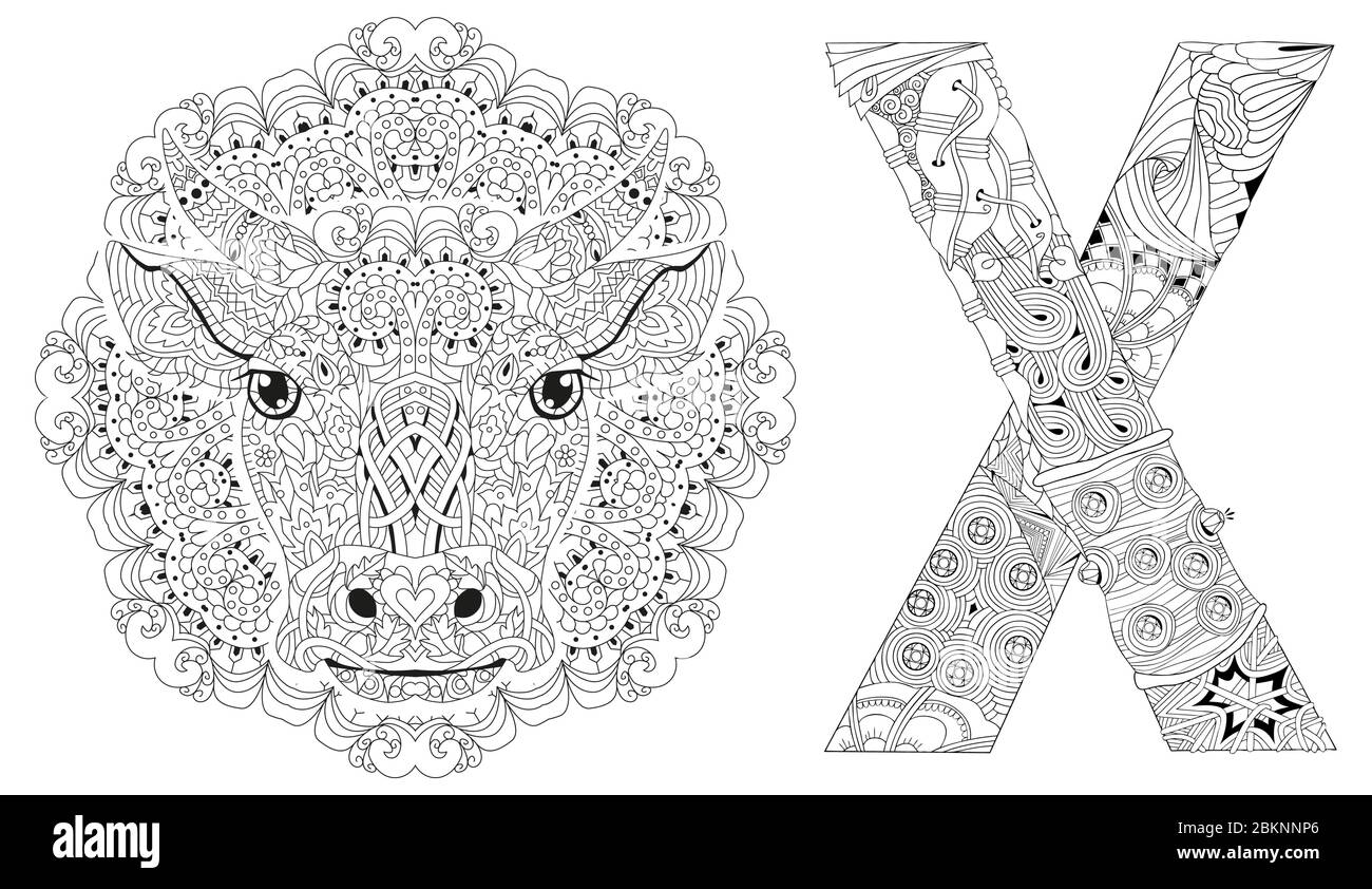 Mot OX avec mandala et tête de taureau. Objet vectoriel zentangle pour la coloration Illustration de Vecteur