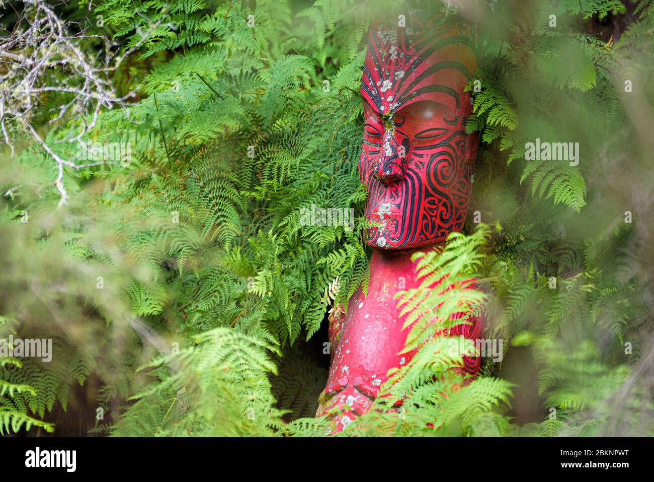 Pouwhenhua, une statue maorie près de Pohutu Geyser à te Puia, Rotorua, Whakarewa, Nouvelle-Zélande. Banque D'Images