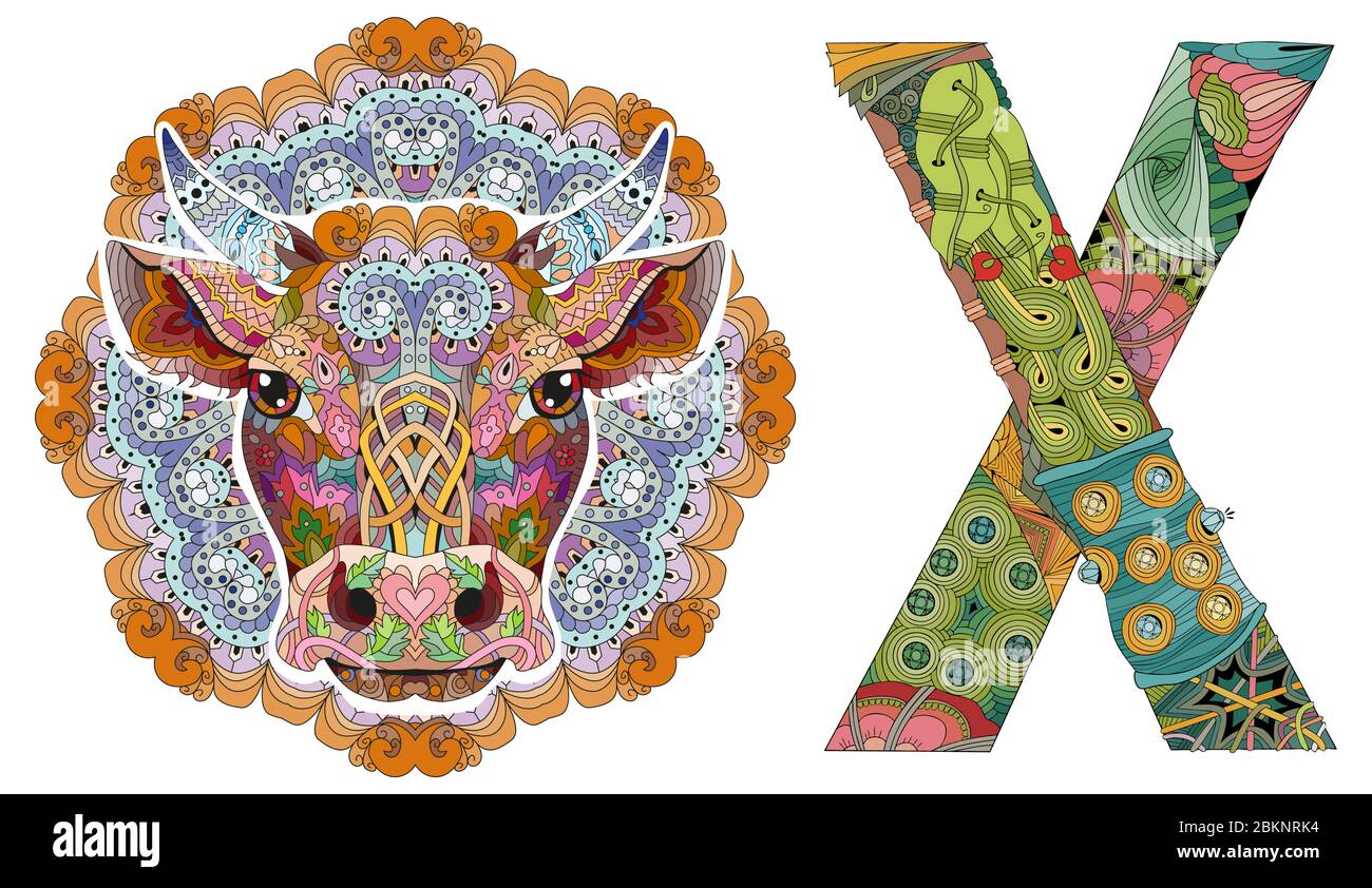 Mot OX avec mandala et tête de taureau. Objet vectoriel zentangle pour la décoration Illustration de Vecteur