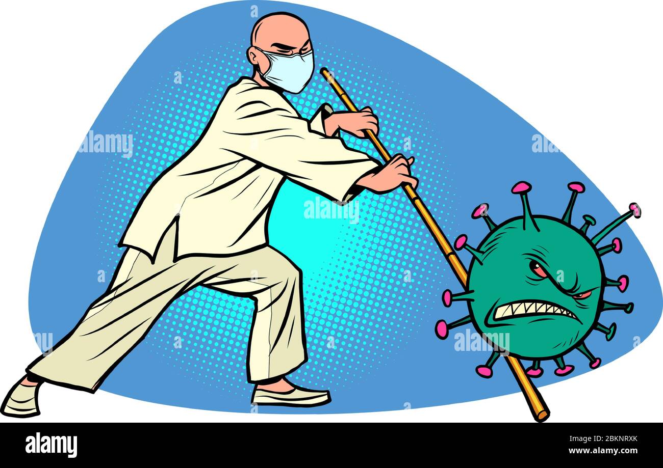 La victoire de la Chine dans l'épidémie de coronavirus covid 19. Le combattant de Wushu bat le virus avec un pôle de combat Illustration de Vecteur
