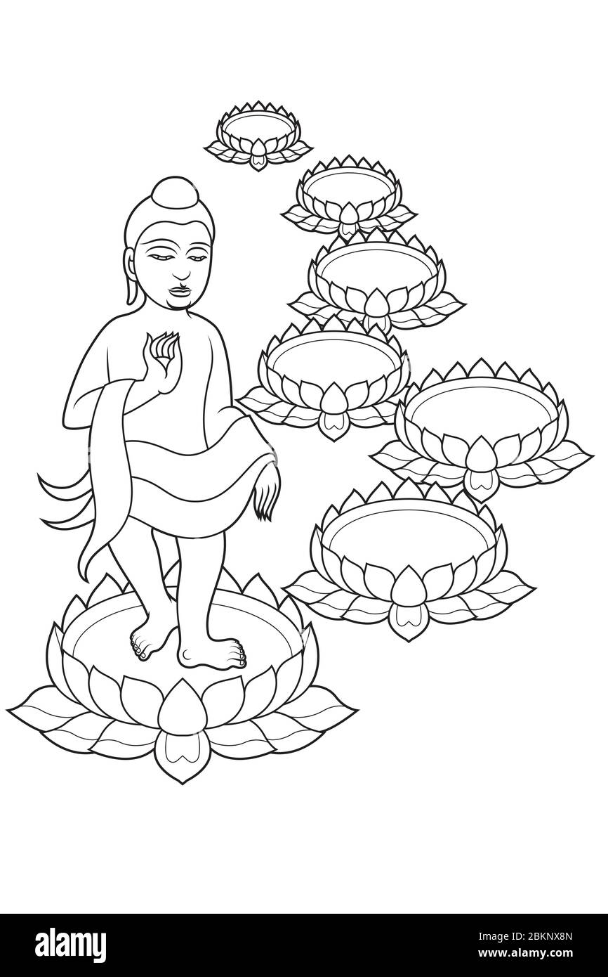 Le Seigneur de Bouddha est né, marchant sur des fleurs de lotus 7 étapes. Illustration vectorielle. Illustration de Vecteur