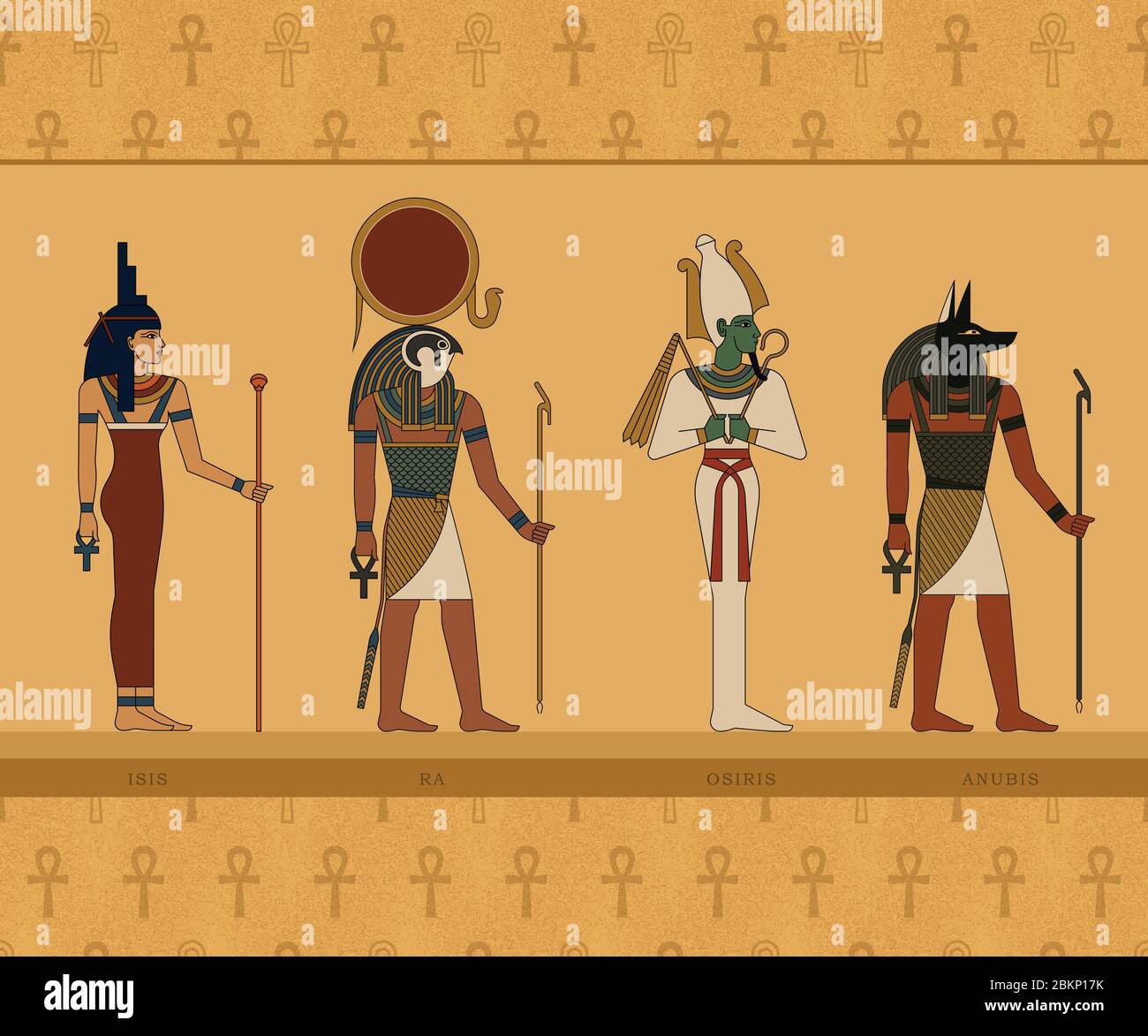 Illustrations des dieux de l'Égypte ancienne. ISIS, Ra, Osiris et Anubis. Illustration de Vecteur
