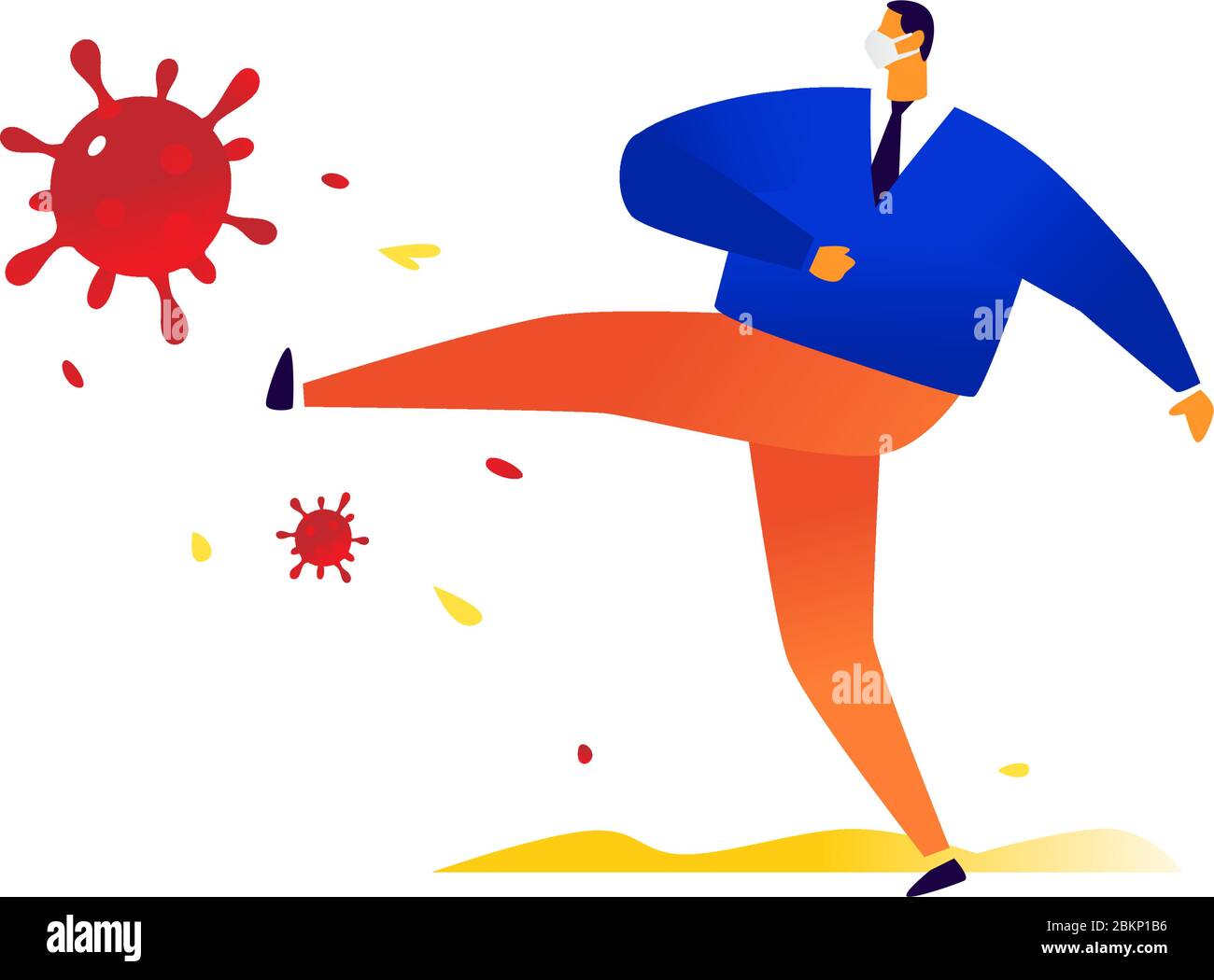 Un homme d'affaires dans un masque médical fait le pied sur la bactérie d'infection du coronavirus. Vecteur. Pas de maladie et de mort. Victoire sur la Chalera. La pandémie a du gon Illustration de Vecteur