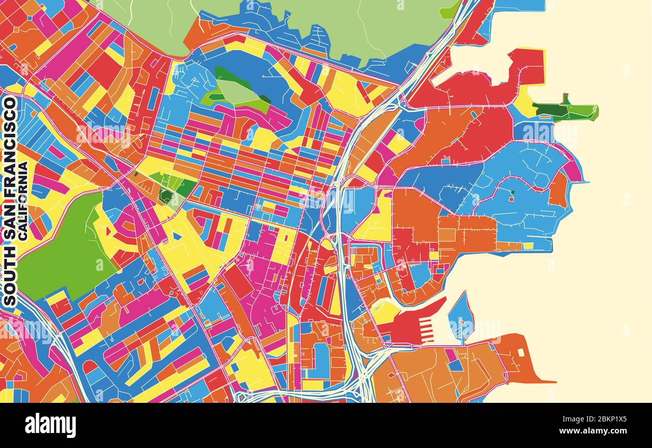 Carte vectorielle colorée du sud de San Francisco, Californie, États-Unis. Modèle de carte art pour l'impression automatique d'illustrations murales au format paysage. Illustration de Vecteur