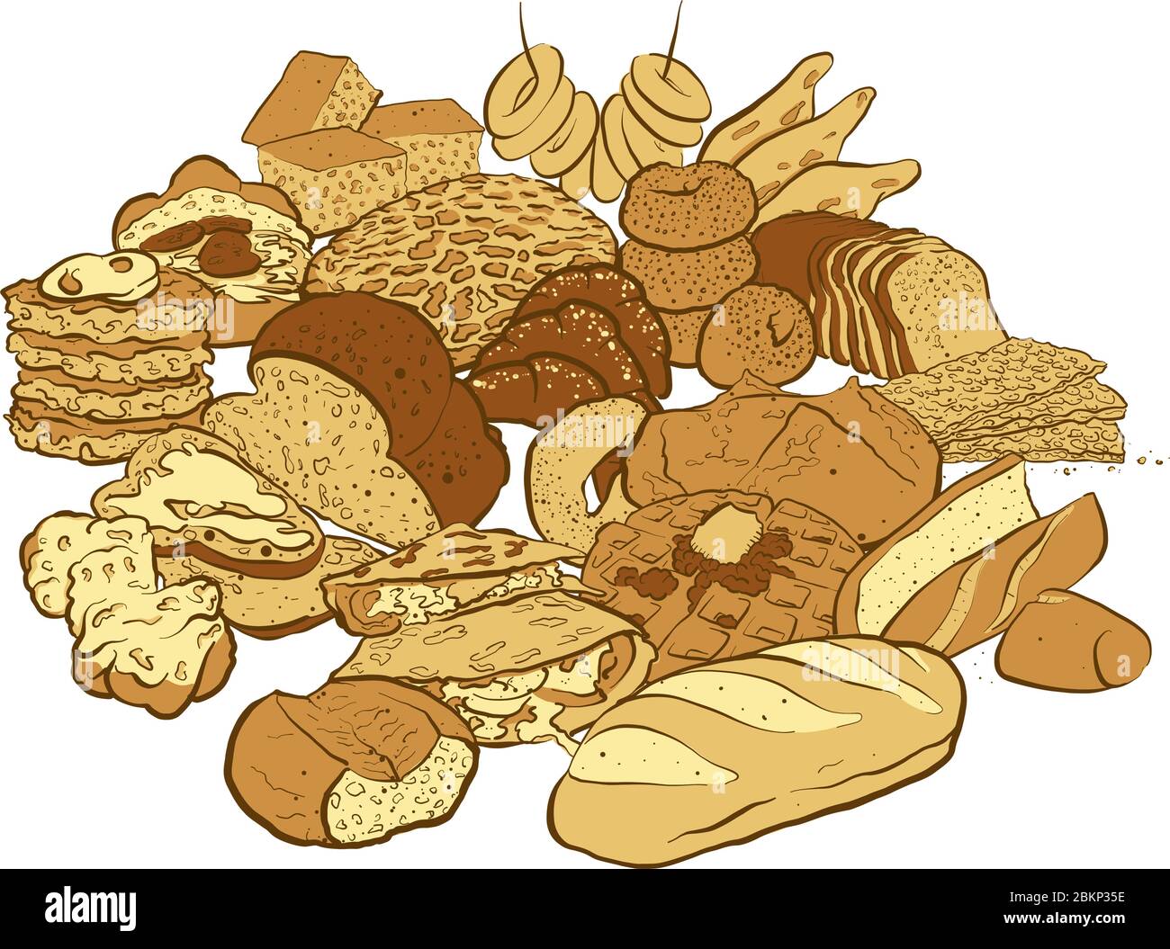 Ensemble énorme de dessins de couleur de produits de boulangerie avec de nombreuses sortes de pain sur fond blanc sur fond blanc. Illustration de Vecteur