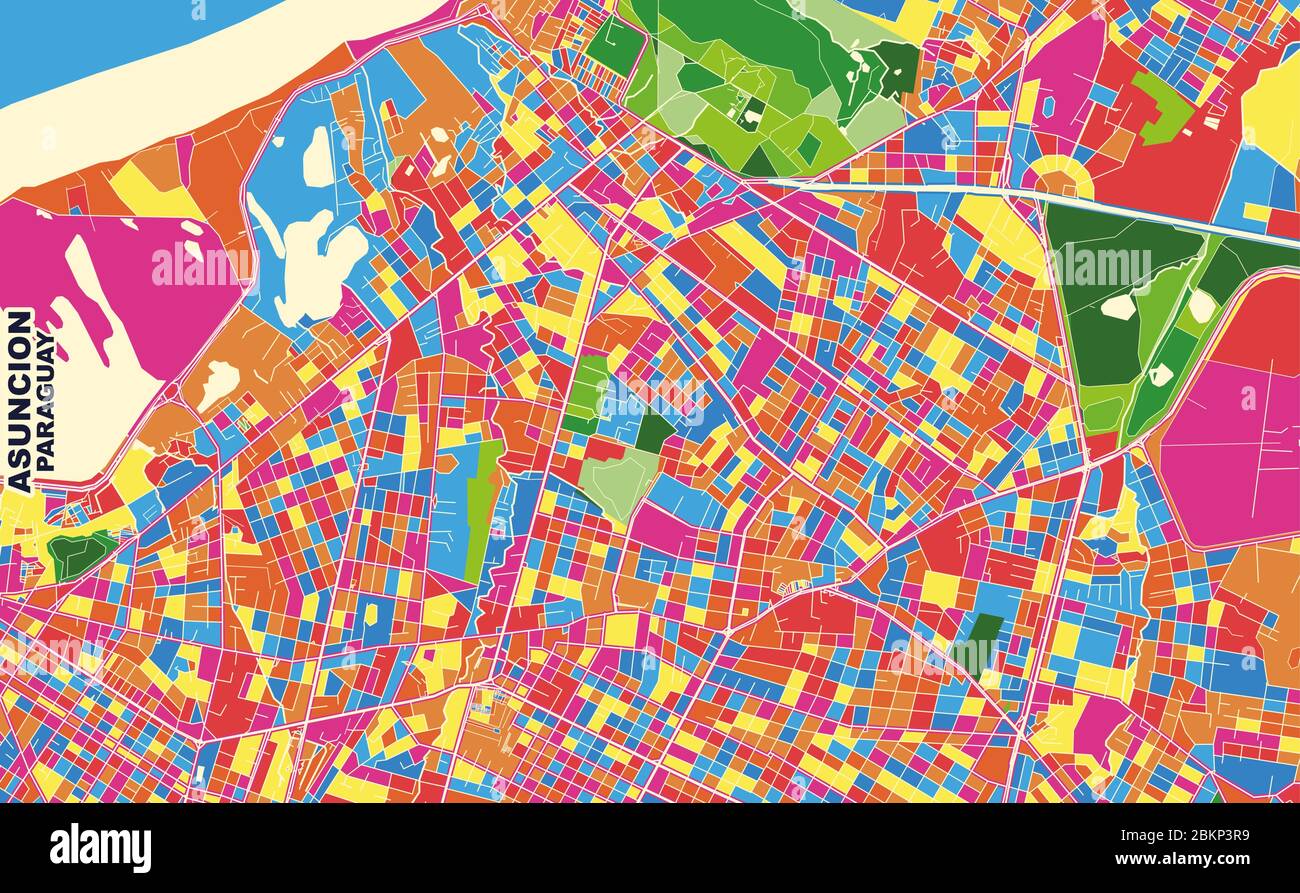 Carte vectorielle colorée d'Asunción, Paraguay. Modèle de carte art pour l'impression automatique d'illustrations murales au format paysage. Illustration de Vecteur