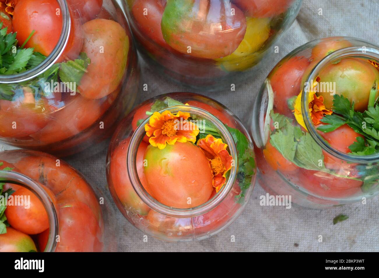 Poivre. Épices. Plats faits maison. Produits naturels. Conservation. Des blancs pour l'hiver. Mariné. Tomates rouges et jaunes en pots Banque D'Images