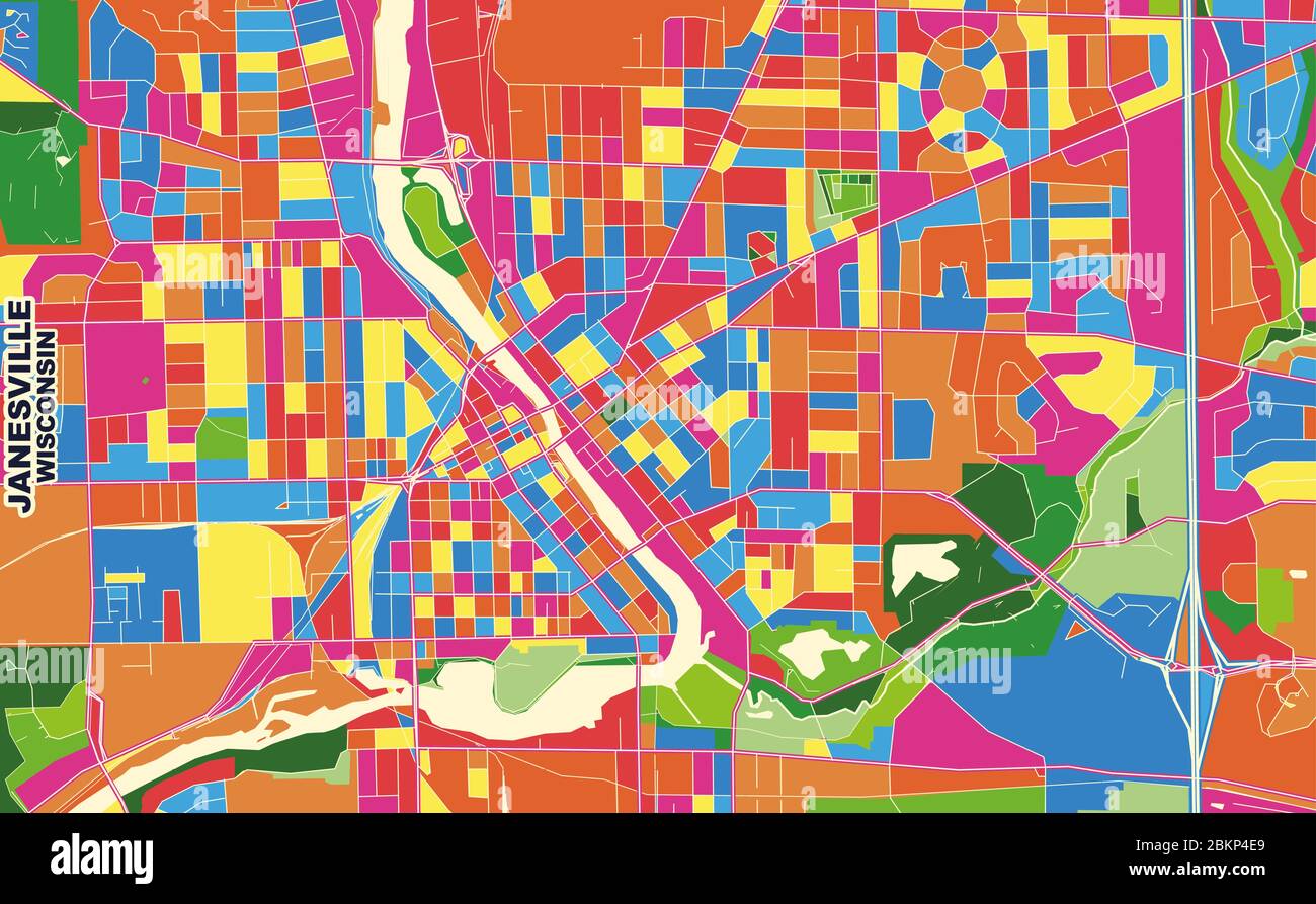 Carte vectorielle colorée de Janesville, Wisconsin, Etats-Unis. Modèle de carte art pour l'impression automatique d'illustrations murales au format paysage. Illustration de Vecteur