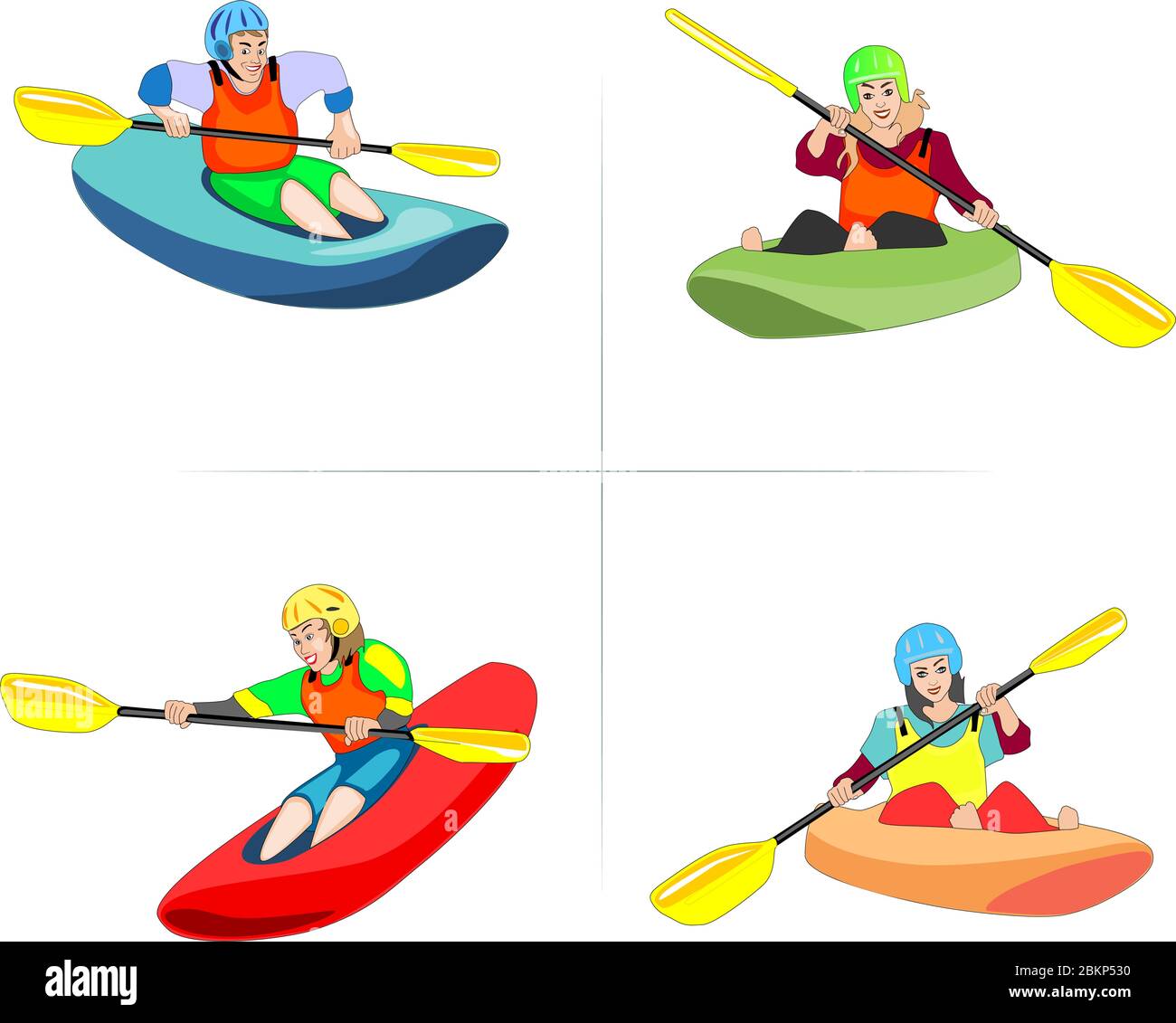 Kayak équipe de sport un homme et trois femmes dans le jeu avec l'équipement Illustration de Vecteur