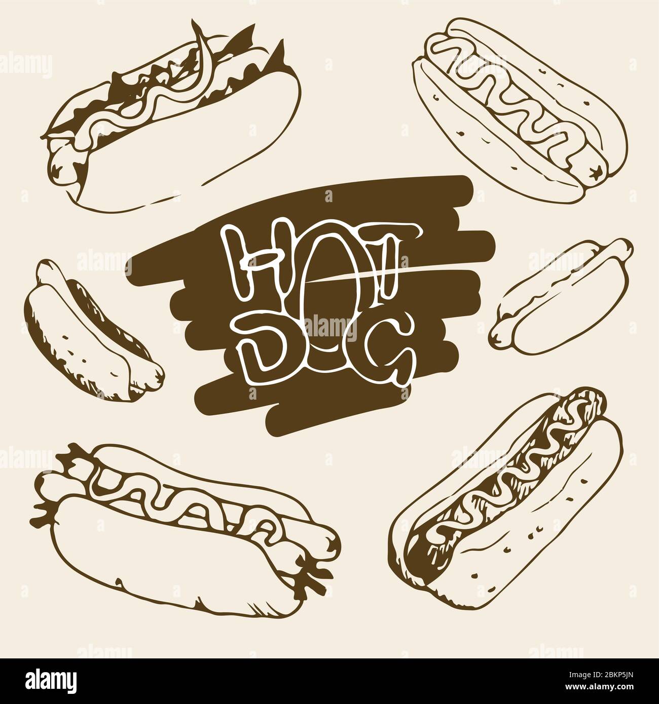 Illustrations dessinées à la main pour chien chaud. Éléments de conception de Fast-food, croquis de hot-dogs avec sauce et mayonnaise. Graphiques vectoriels EPS8 monochromes. Illustration de Vecteur