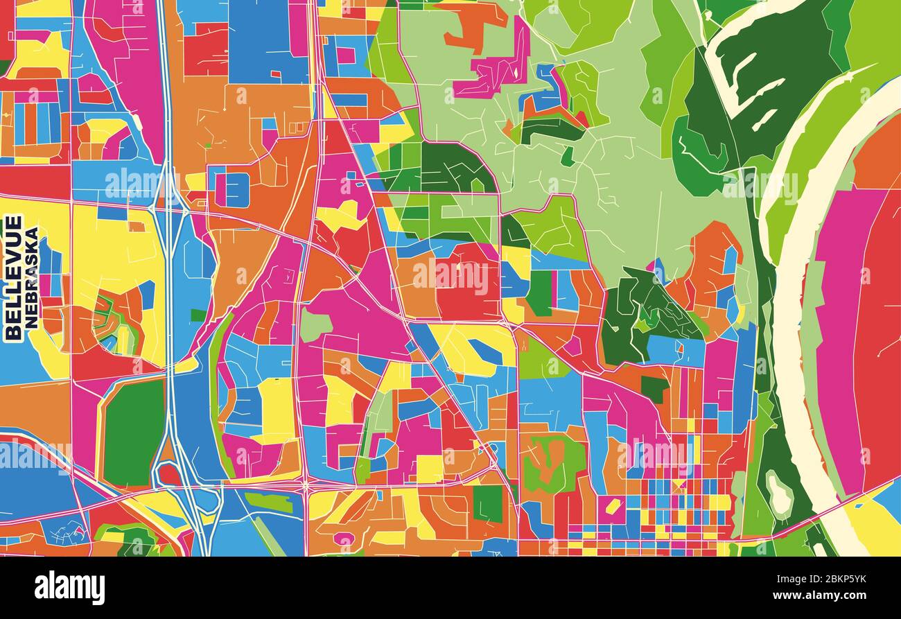 Carte vectorielle colorée de Bellevue, Nebraska, États-Unis d'Amérique. Modèle de carte art pour l'impression automatique d'illustrations murales au format paysage. Illustration de Vecteur