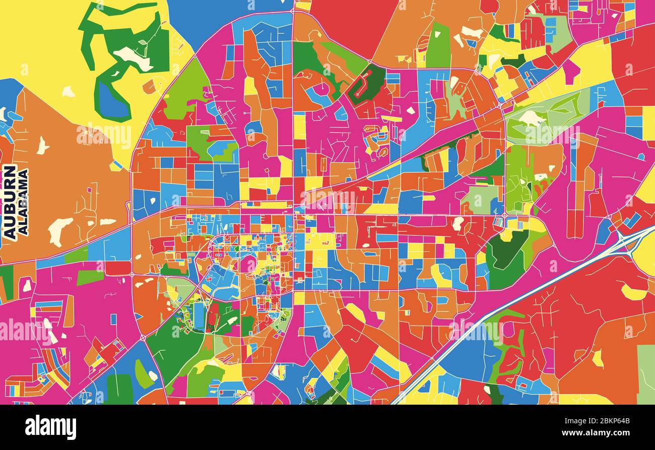 Carte vectorielle colorée d'Auburn, Alabama, Etats-Unis. Modèle de carte art pour l'impression automatique d'illustrations murales au format paysage. Illustration de Vecteur