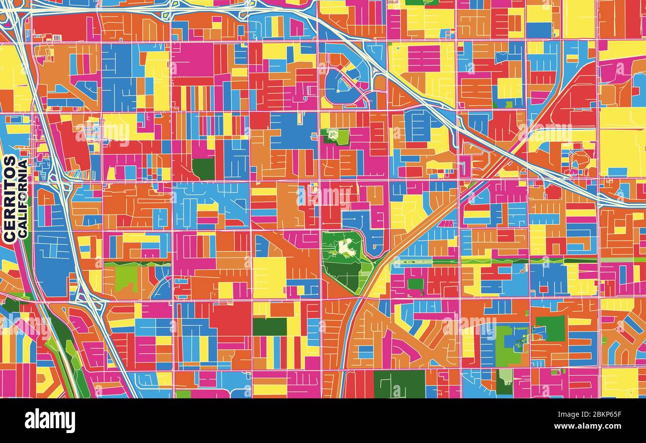 Carte vectorielle colorée de Cerritos, Californie, États-Unis d'Amérique. Modèle de carte art pour l'impression automatique d'illustrations murales au format paysage. Illustration de Vecteur